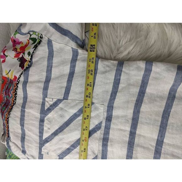 John Mark Embroidered Linen White Blue Stripe Floral 3 Button Shirt M Top Blouse - Picture 5 of 6